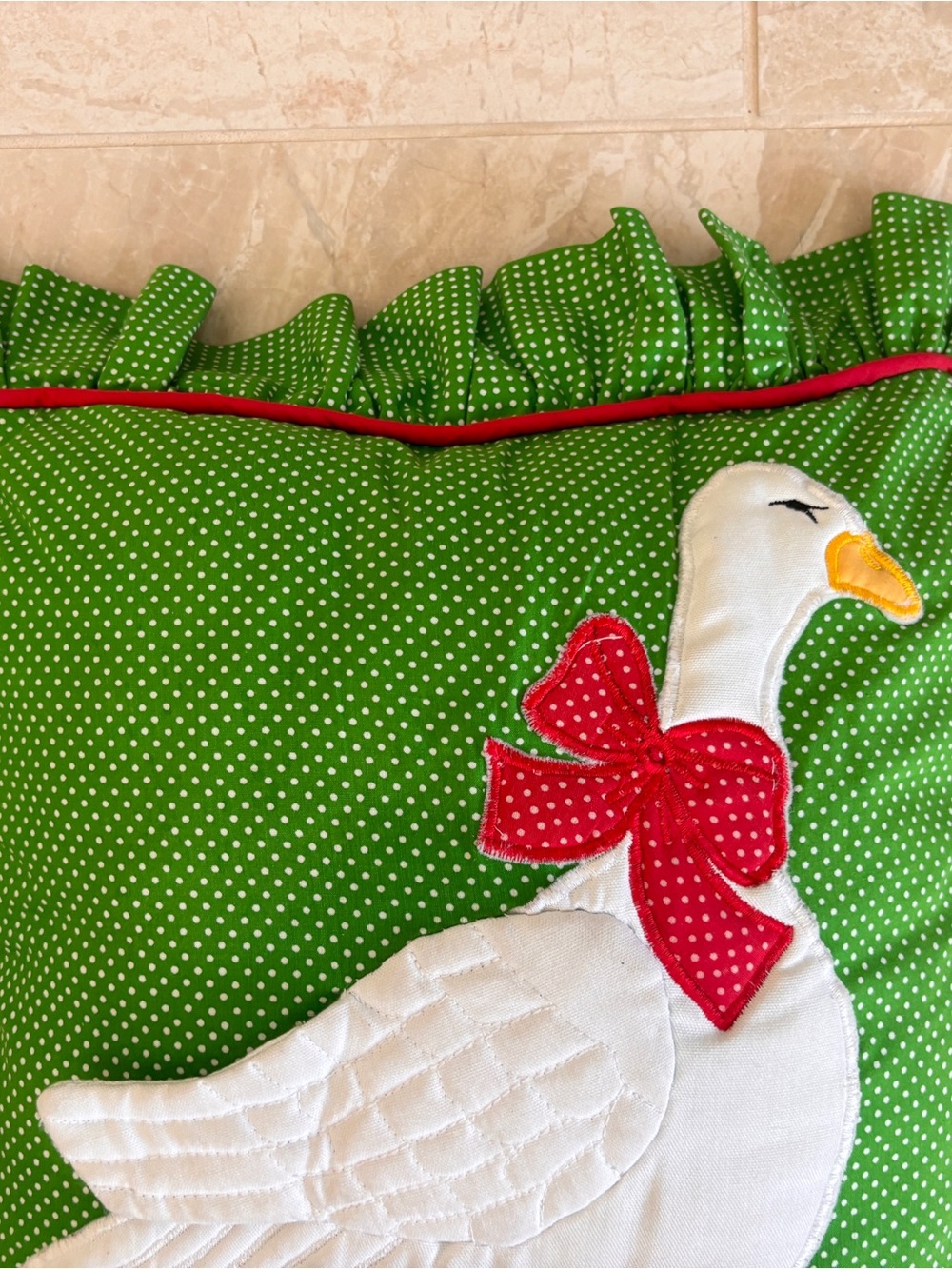 Set of Two Vintage Handmade Quilted Goose Pillows Green and White Polka Dot - Picture 7 of 16